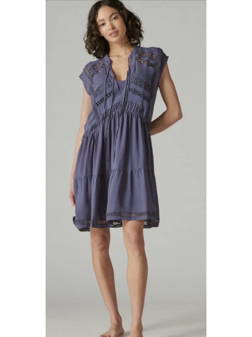 LUCKY BRAND Lace Inset Dress Nightshadow Blue XL Boho Flowy Prairie Cottagecore